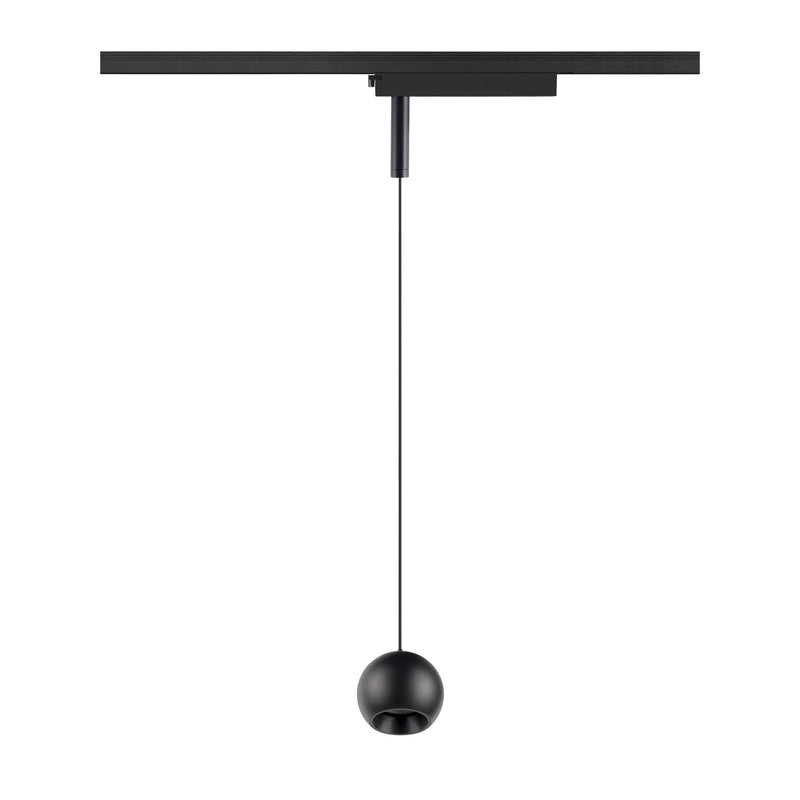 Black track lighting with a spherical pendant lamp.