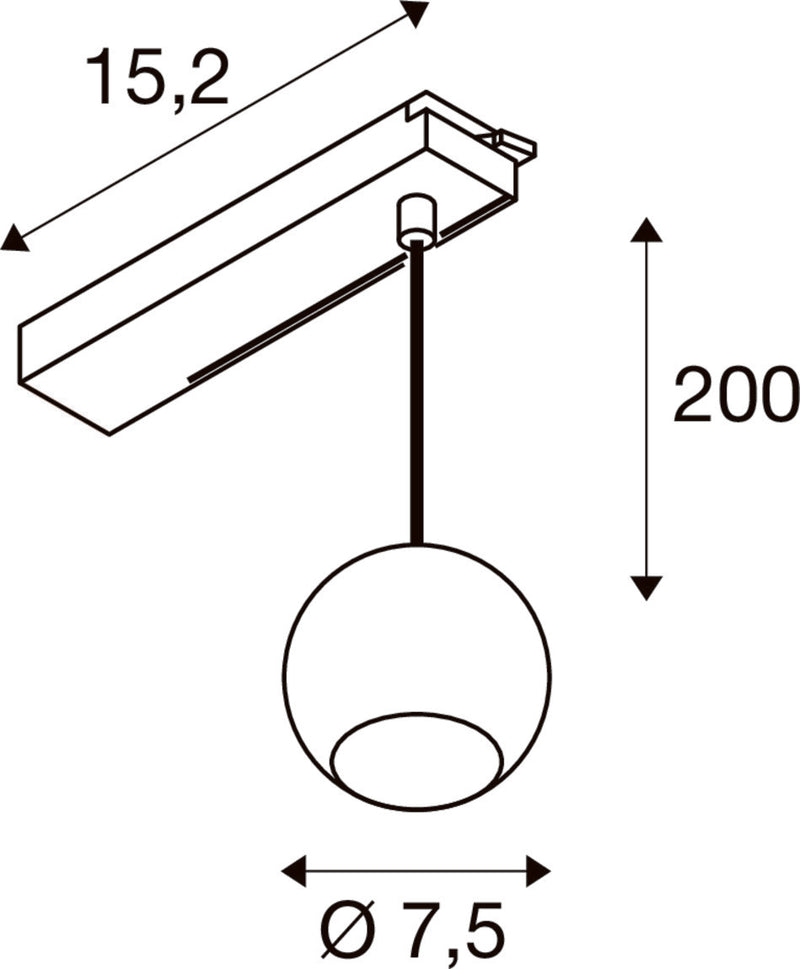 Technical drawing of a ceiling-mounted pendant light with dimensions.