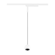 White track lighting with a spherical pendant, black cord, and ceiling mounted track.