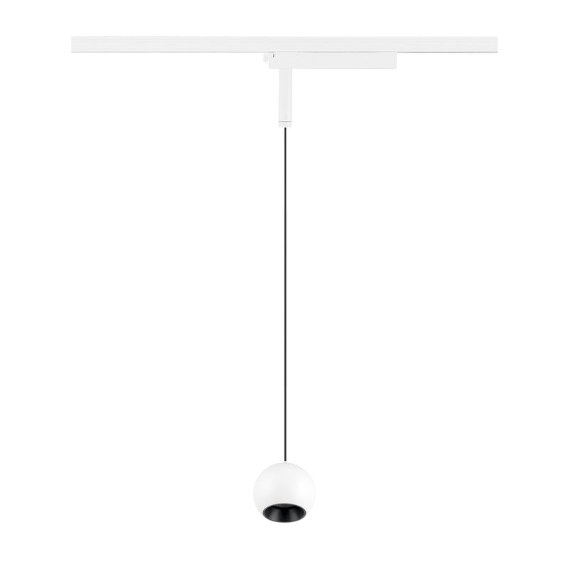 White track lighting with a spherical pendant, black cord, and ceiling mounted track.
