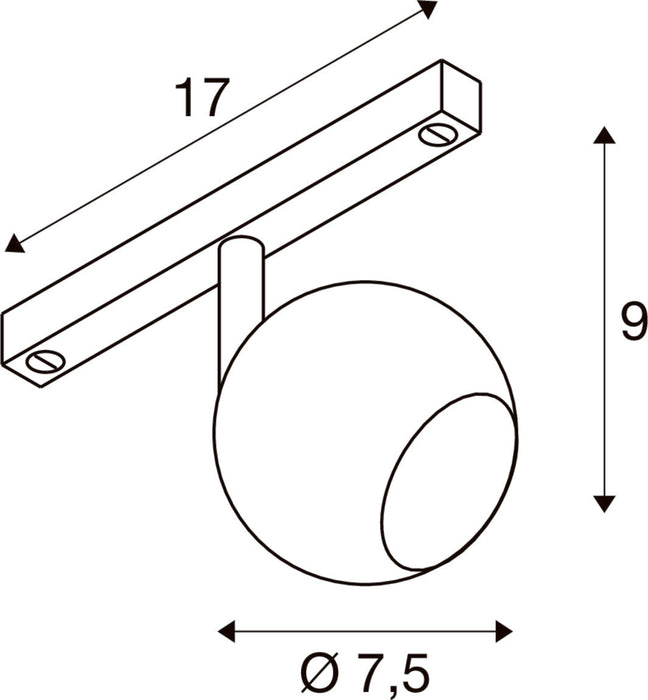 Technical drawing of a white, track-mounted spotlight with dimensions.