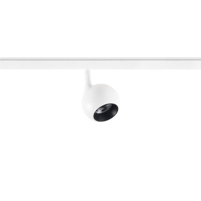 White track lighting fixture, metal with matte finish, track mounted.