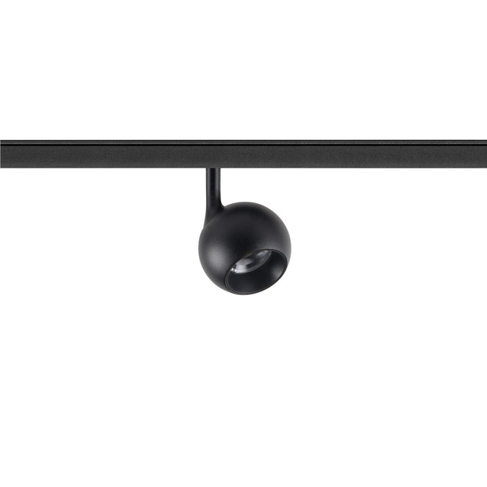 Black track lighting fixture with a round head.