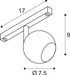 Line drawing of a white, track-mounted spotlight with dimensions.