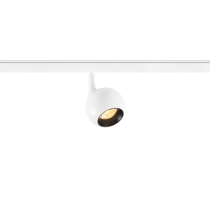White track lighting fixture, round head, adjustable, mounted on a white track.