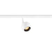 White track lighting fixture, round head, adjustable, mounted on a white track.