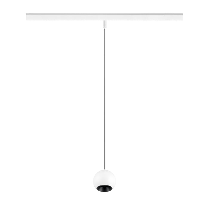 White globe pendant light fixture with black interior, track mounted.
