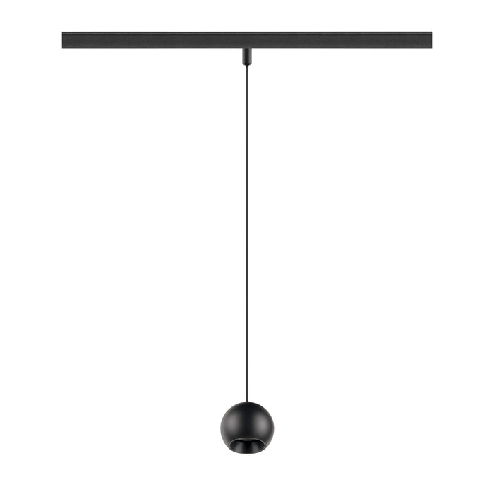 Black metal track lighting with a spherical pendant lamp.