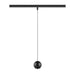 Black metal track lighting with a spherical pendant lamp.