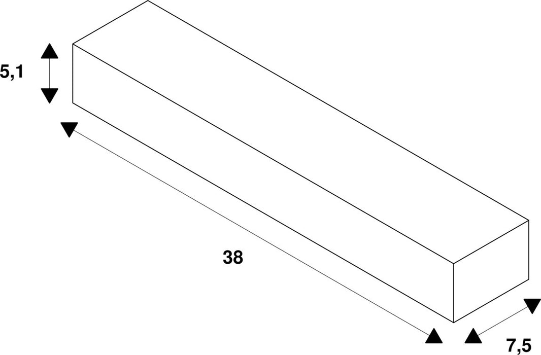 Technical drawing of a rectangular prism with dimensions 38, 7.5, and 5.1.