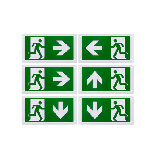 Six green and white exit signs with running man and arrow symbols, surface mounted.