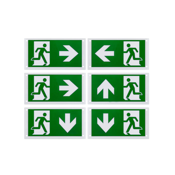 Six green and white exit signs with running man and arrow symbols, surface mounted.