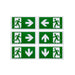 Six green and white exit signs with running man and arrow symbols, surface mounted.