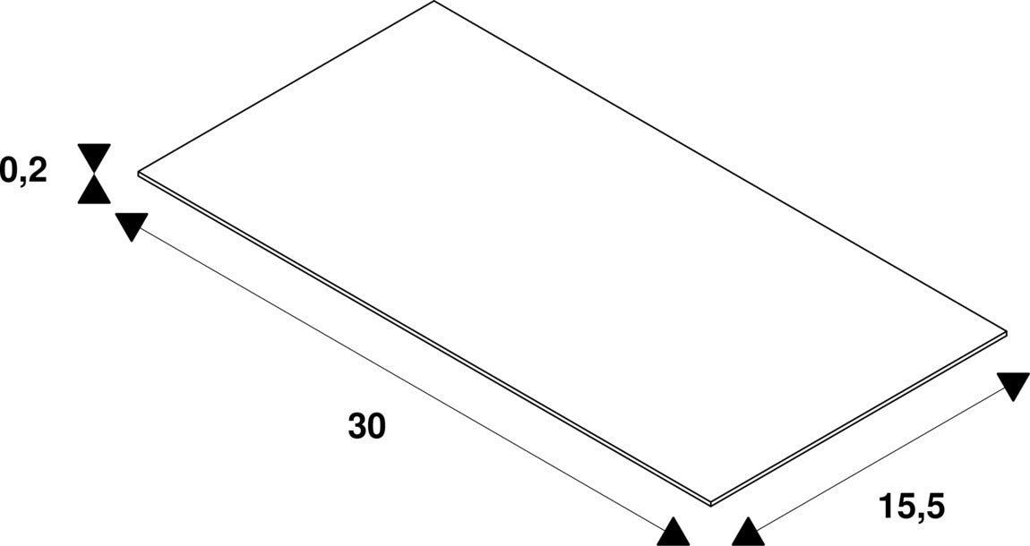 Technical drawing of a white rectangular panel with dimensions 30 x 15.5 x 0.2.