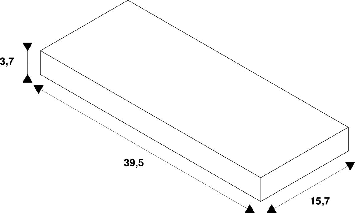 Dimensional drawing of a rectangular block, 3.7 x 15.7 x 39.5 units.