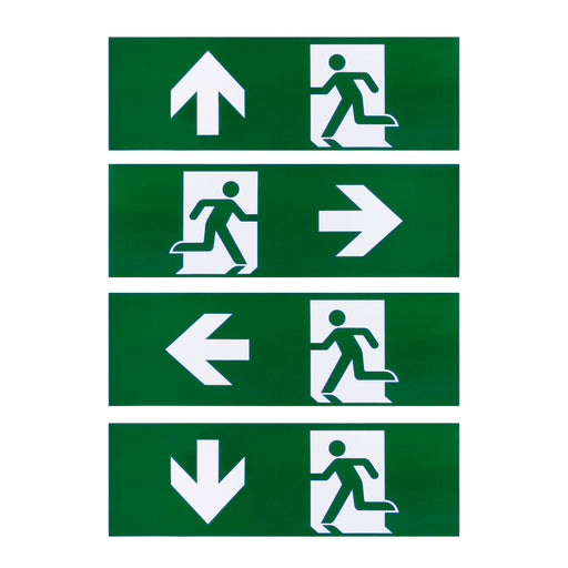 Green and white exit signs with arrows and running man symbols indicating directions.