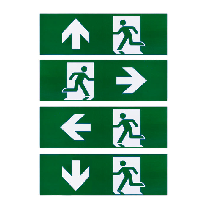 Green and white exit signs with arrows and running man symbols indicating directions.