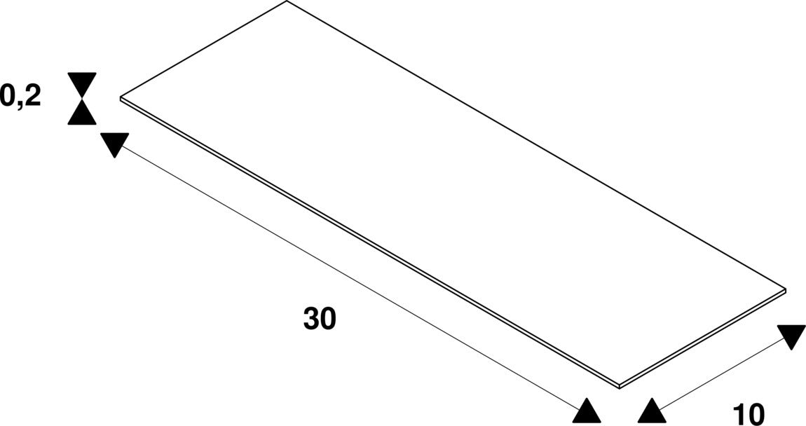 White rectangular component with dimensions 30x10x0.2.