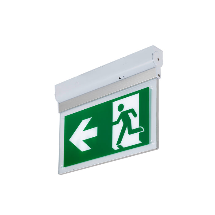 Ceiling-mounted exit sign with green pictogram, white lettering, and aluminum housing.