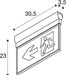 Dimensional drawing of a wall-mounted exit sign with running man and arrow.