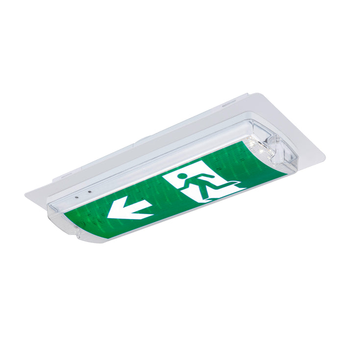 White ceiling-mounted LED exit sign with green directional arrow and running man symbol.