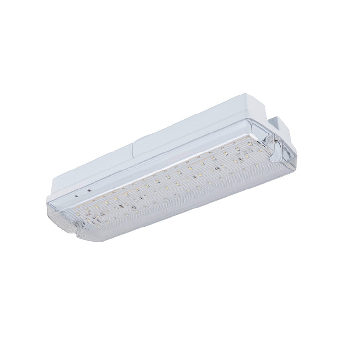 White LED emergency light fixture, surface mounted.