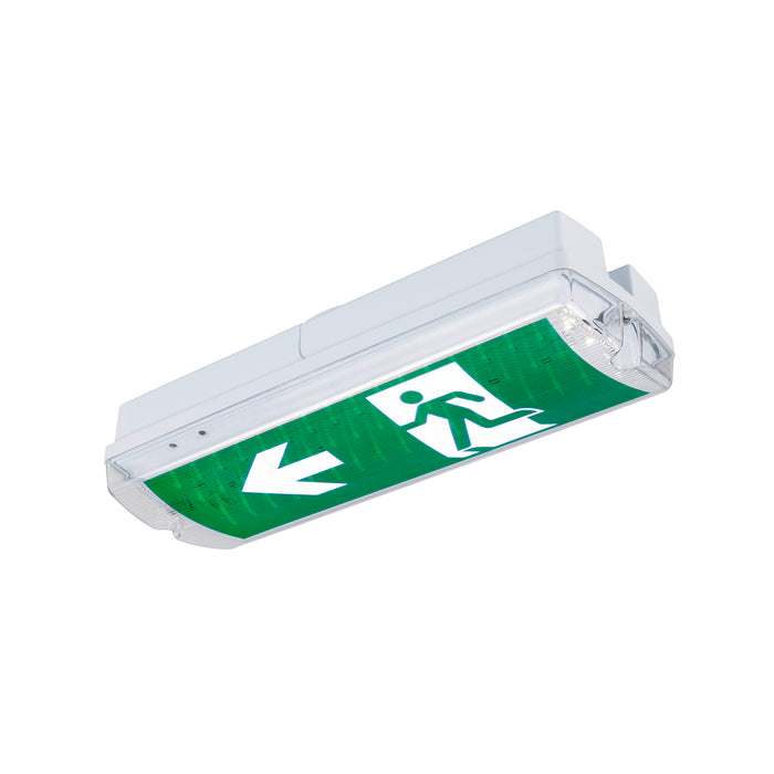White LED exit sign with green directional arrow and running man symbol.