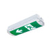 White LED exit sign with green directional arrow and running man symbol.