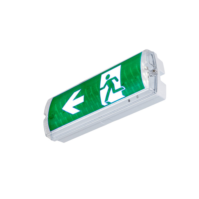 Green LED exit sign with white running man and arrow, surface mounted.