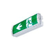 Green LED exit sign with white running man and arrow, surface mounted.