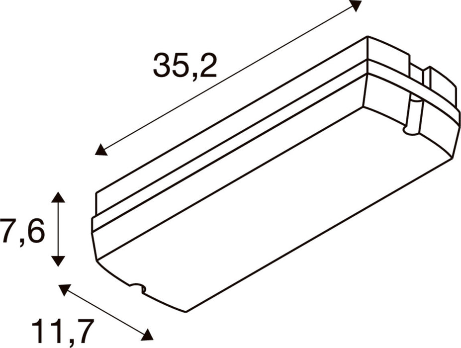 Technical drawing of a white rectangular plastic component with dimensions.