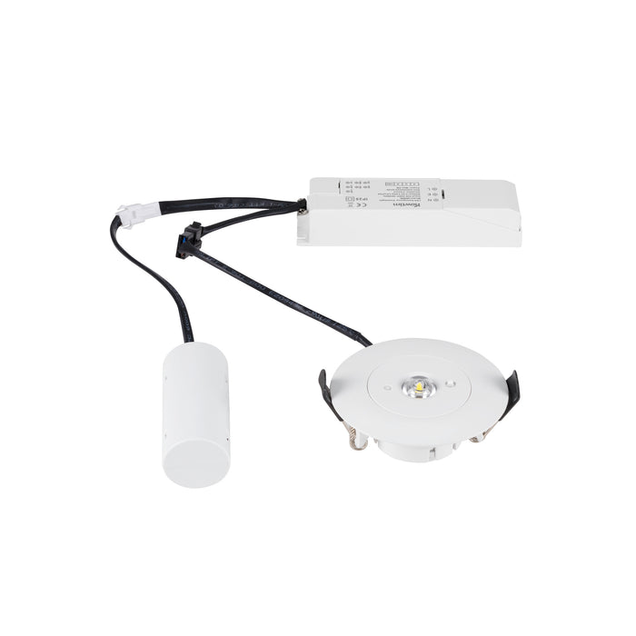 LED recessed light fixture in white finish with metal housing and black wiring, designed for ceiling mounting.