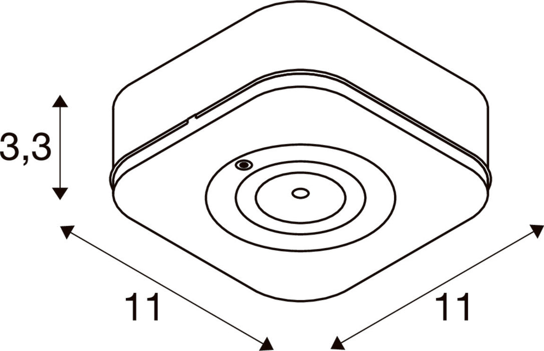 Line drawing of a square, surface-mounted sensor with dimensions.