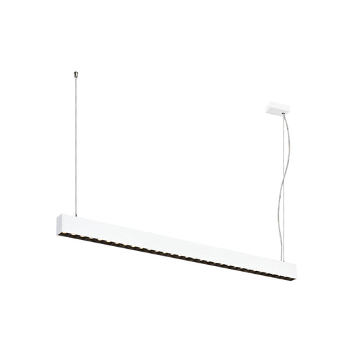 Modern linear LED pendant light, white finish, suspended mounting.
