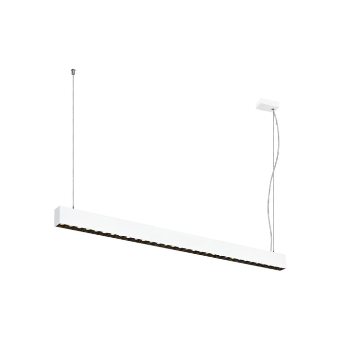 Modern linear LED pendant light, white finish, suspended mounting.