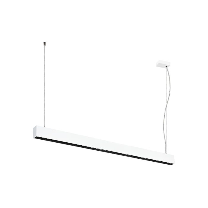 Modern linear LED pendant light, white finish, cable mounted.