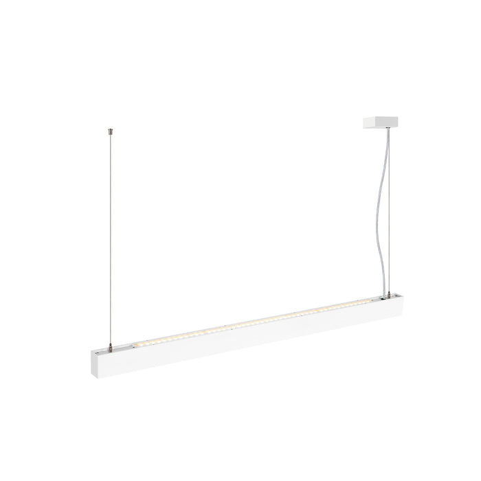 Modern white linear LED pendant light fixture, suspended mounting.