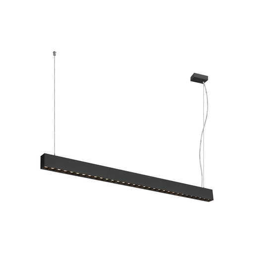 Black linear LED pendant light fixture, suspended mounting.