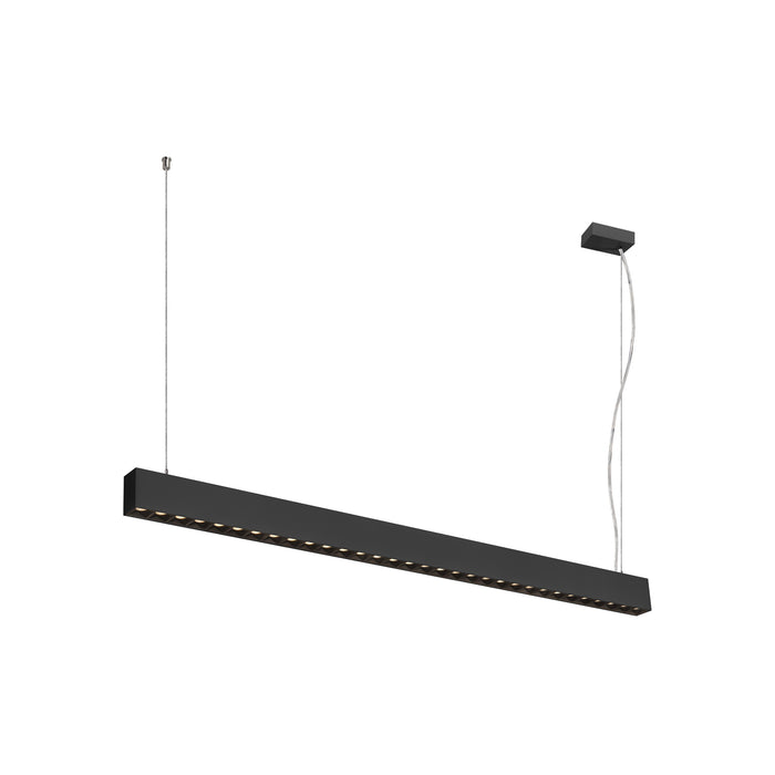 Black linear LED pendant light fixture, suspended mounting.