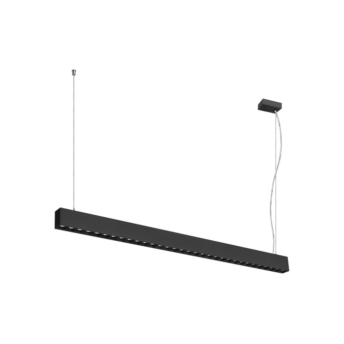 Modern black linear LED pendant light fixture, suspended mounting.
