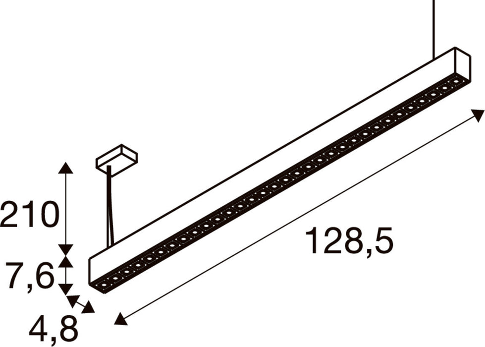 Technical drawing of a suspended linear LED light fixture with dimensions.
