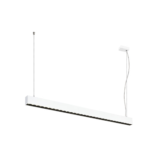 Modern linear LED pendant light, white finish, cable mounted.