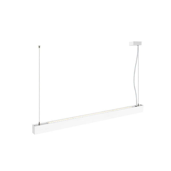 White linear LED pendant light, suspended mounting.