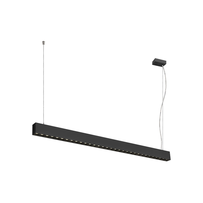 Black linear LED pendant light fixture, suspended mounting.