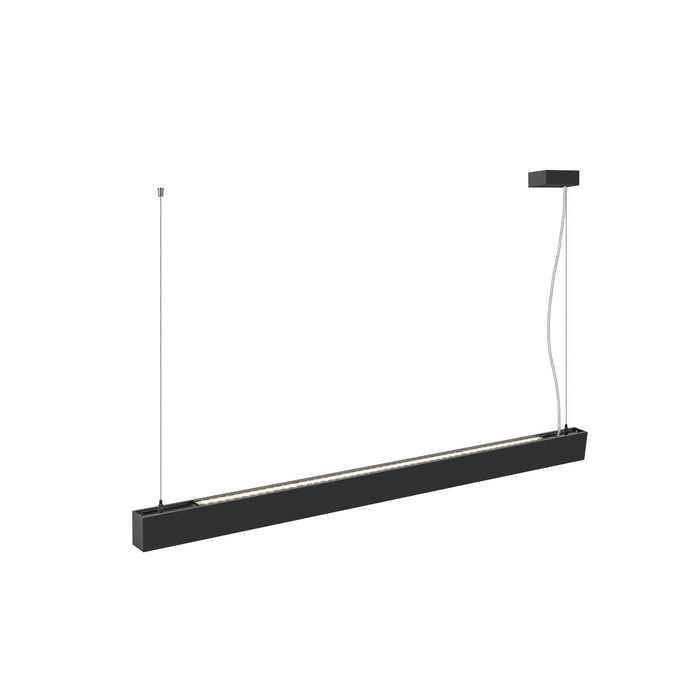 Modern linear LED pendant light, black finish, suspended.