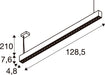 Technical drawing of a suspended linear LED light fixture with dimensions.