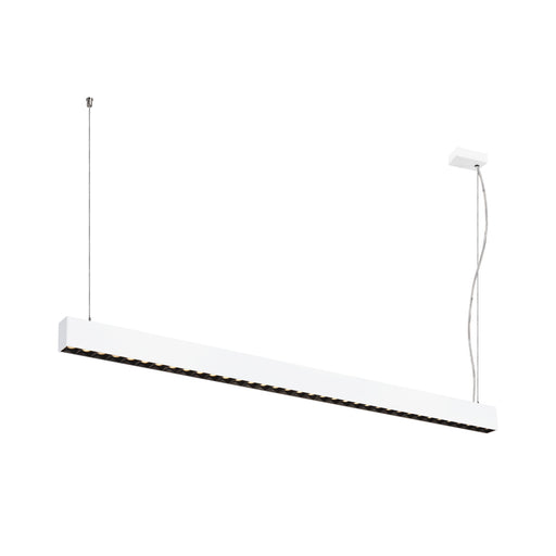 Modern linear LED pendant light, white finish, suspended mounting.