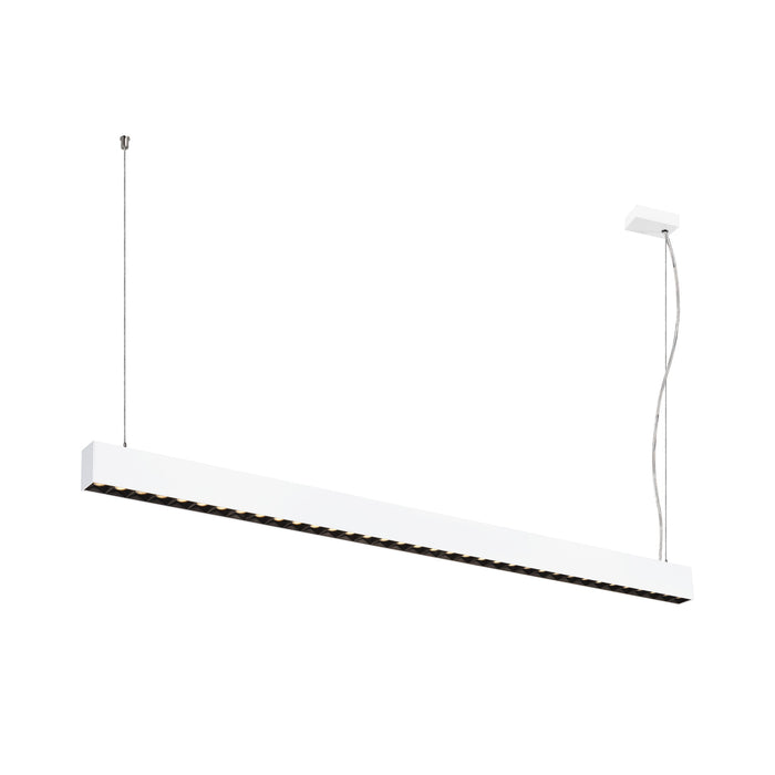 Modern linear LED pendant light, white finish, suspended mounting.