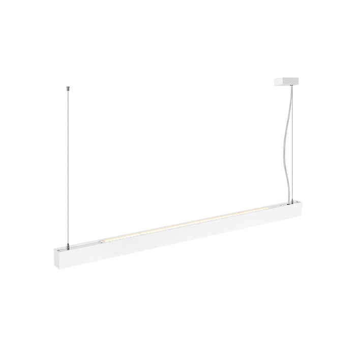 White linear LED pendant light fixture, suspended mounting.