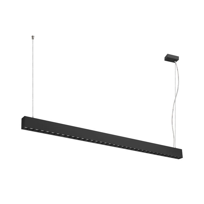 Black linear LED pendant light fixture, metal, suspended.